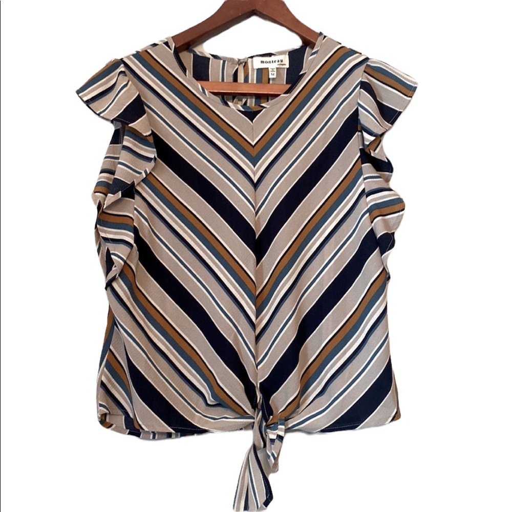 Monteau Striped Tie Front Short Sleeved Top